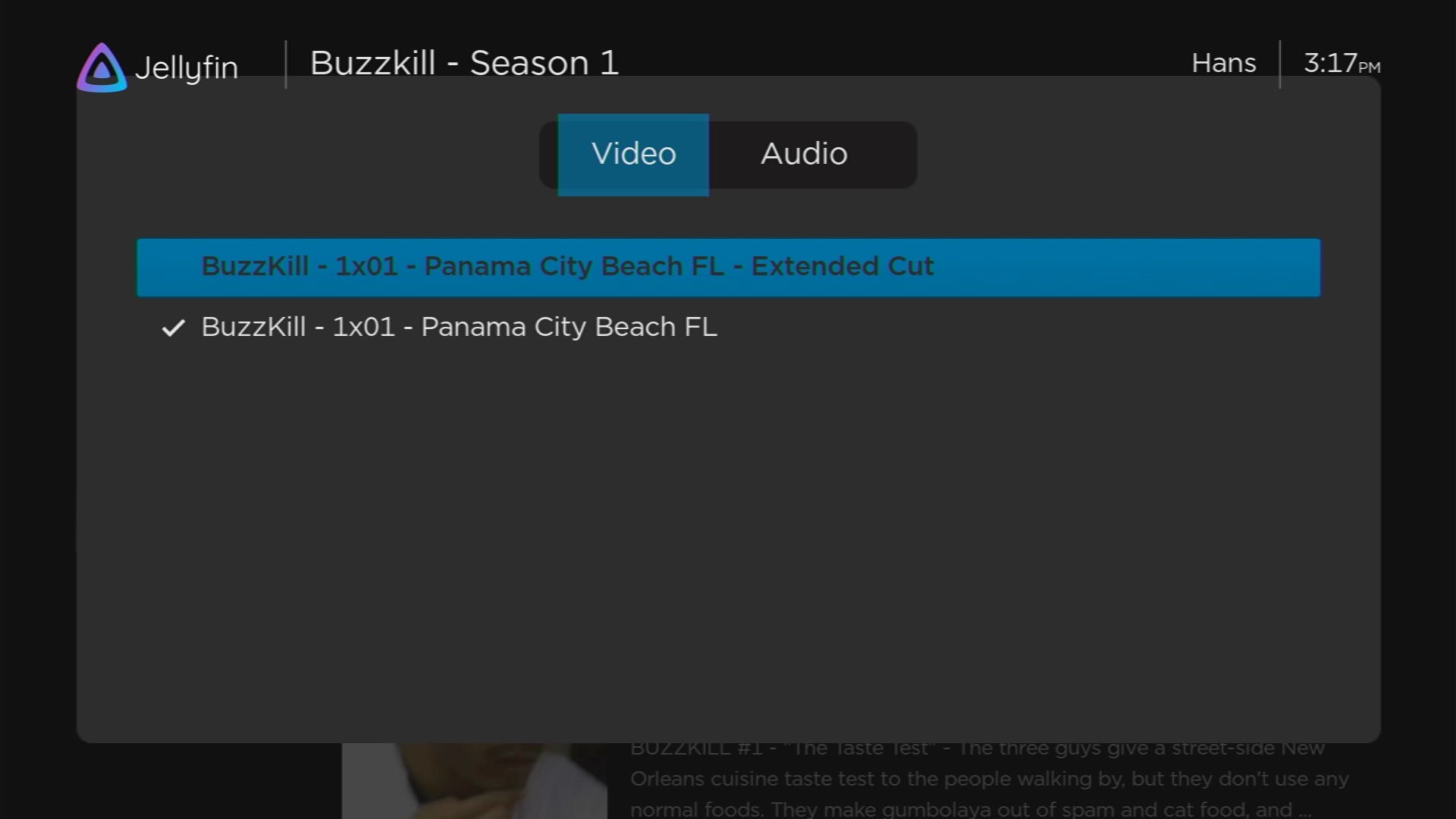 Screenshot showing access to TV show season extras