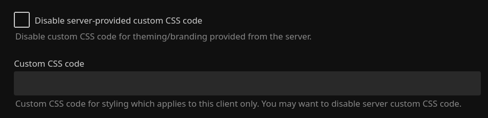 Screenshot of the "Custom CSS" setting in the user settings page