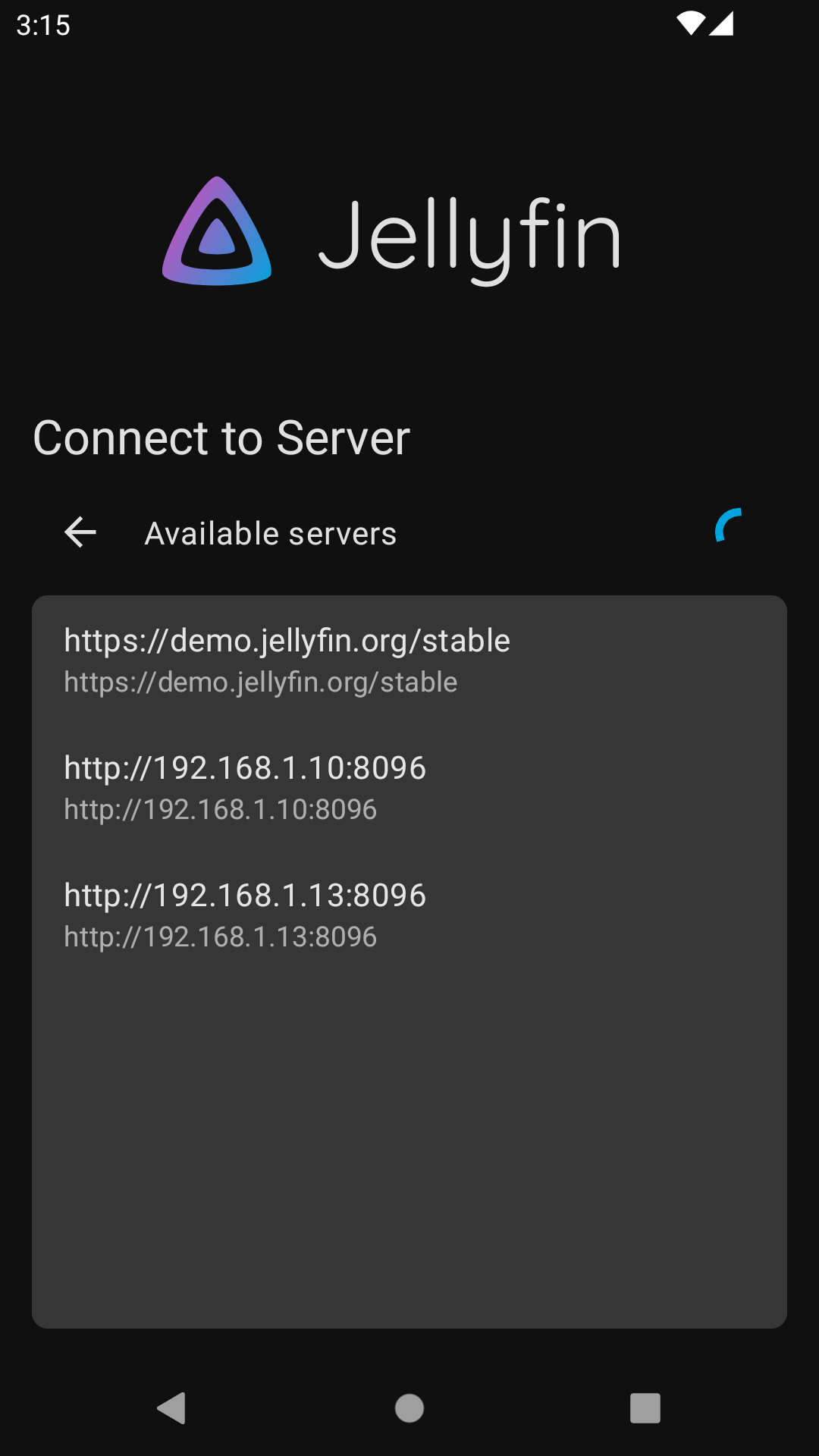 Screenshot of the server selection in the Android app
